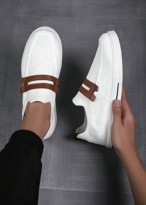 New Popular Men's Fashion Skateboarding Shoes, New White Men's Running Shoes, Men's Casual Driving Shoes, Breathable Mesh Sports Casual Shoes, Versatile Lightweight Soft Sole Non-Slip Shock-Absorbing Student Shoes, Slip-On Slouchy Shoes For Large Size Wide Feet, Suitable For Daily Casual Wear