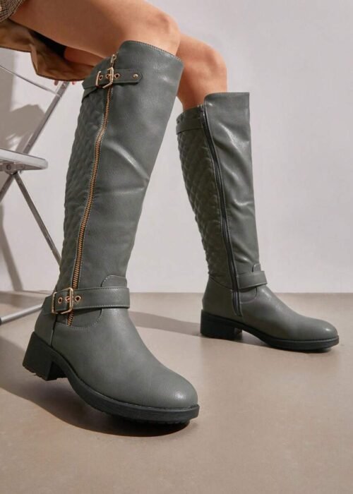 Women's Wide Calf Knee High Boots, Low Stacked Heel Riding Boots For Fall And Winter