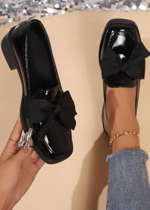 Women's Versatile Square Toe Casual Bow Decor Low Heel Slip-On Loafers, Mirror Surface Material, Vintage Elegant British Style, 2025 New Spring Summer Autumn Winter Black Shiny Soft Bottom Comfortable Mid-Heel Shoes