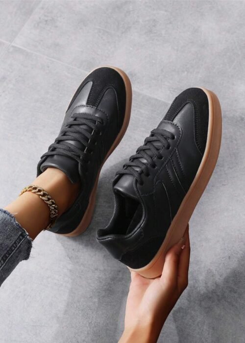 Couple's Soft Bottom Non-Slip Round Toe Lace-Up Casual Shoes, Comfortable & Versatile, Black, Plus Size 43-45 For Women