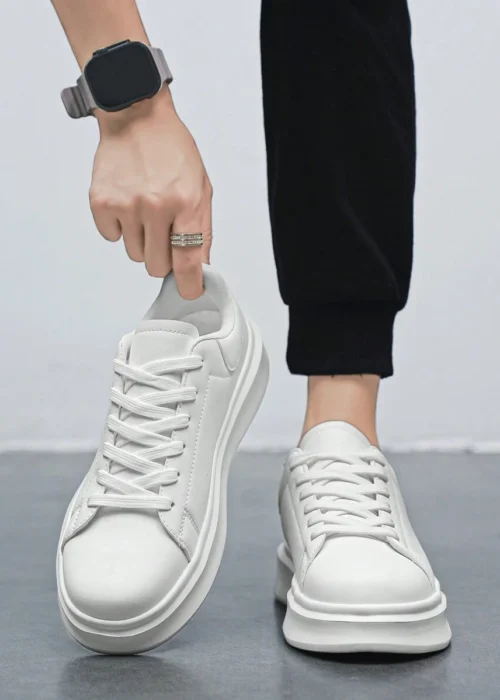 Men's Casual Solid Color Sneakers, Fashion Minimalist Style Lace-Up Classic Leather Comfortable Walking Shoes