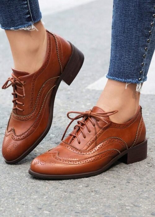 Comfortable Womens Classic Oxfords Lace Up Chunky Heel Oxfords Business Formal Wingtip Brogue Dress Shoes For Women