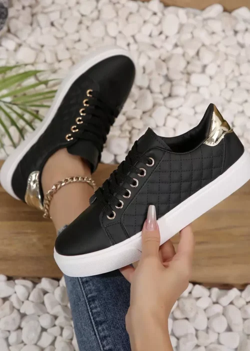 Women's New Black Flat Non-Slip Round Toe Lace-Up Casual Sneakers, Multiple Colors Available, Suitable For Spring And Autumn