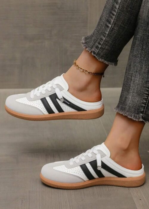 Women's Casual Sneakers, Spring New Retro Style Lace-Up Low-Top Mix-Color Half-Mule Trainers