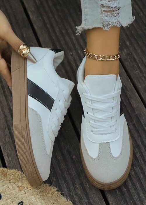 Women's New Lace-Up Color Block Element Casual Sneakers, Modern Fashion Elegant Style Outdoor Street Campus Versatile Athletic Shoes